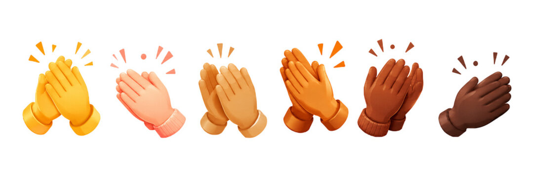 3D Clapping Hands Emoji Set with Diverse Skin Tones, Plastic Applause and Celebration Hand Gestures Isolated on Transparent Background