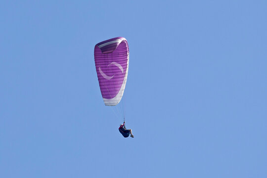 Vol en parapente dans un ciel bleu azur d'&eacute;t&eacute; en montagne. Voile violette et blanche.
