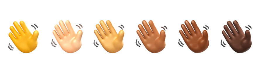 3D Waving Hand Emoji Set with Diverse Skin Tones, Glossy Plastic Hand Gestures Saying Hello or Goodbye Isolated on Transparent Background © Abdur