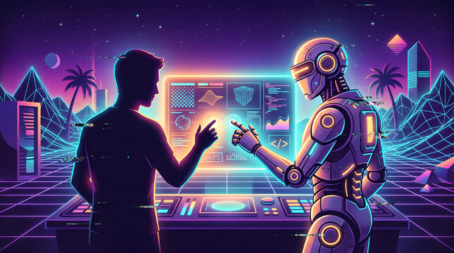 Futuristic human and robot interacting with a neon data interface vaporwave retro style