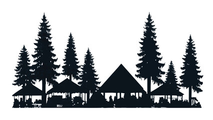 Obraz premium Snowy mountain landscape with pine trees and cozy cabin under a dark night sky