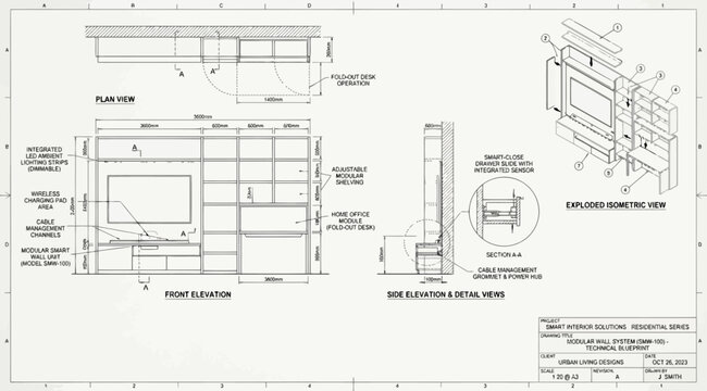 Technical drawing of a smart wallmounted media unit with integrated shelving and tv mounting details
