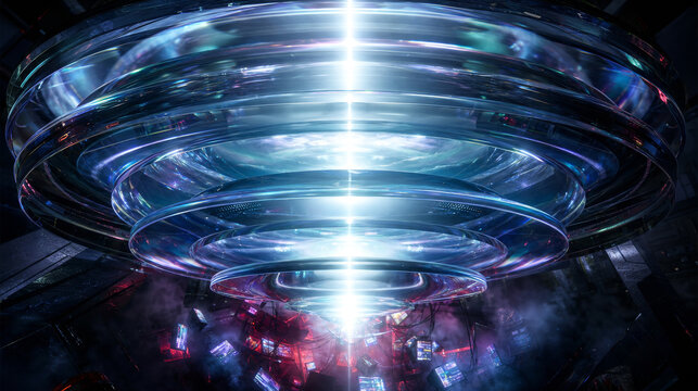 High Angle View of Concentric Glass Lenses with Vertical Neon Light Ray Passageway