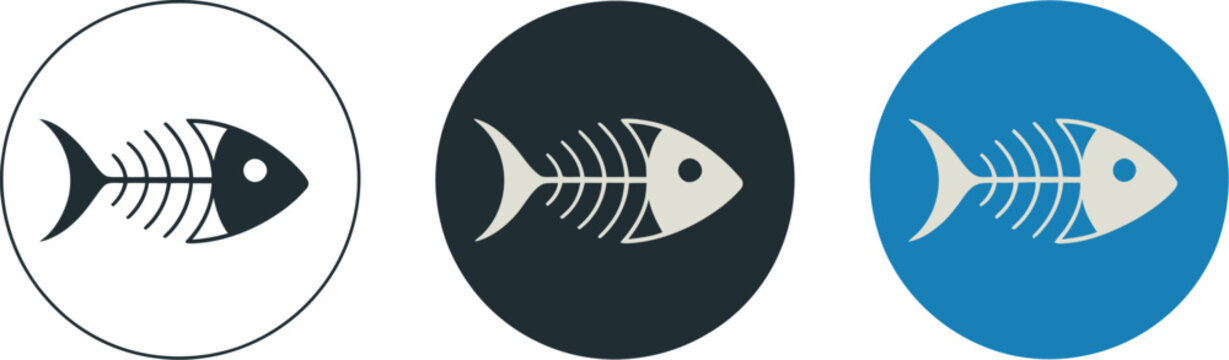 Fish skeleton icons, black and blue designs for seafood restaurants, marine life, ecology, food branding, and creative graphics.
