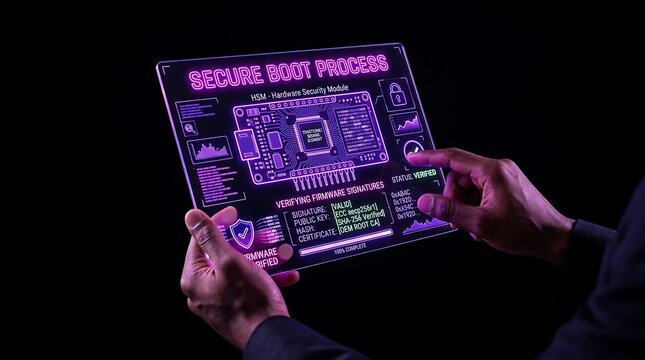 Professional technician analyzing secure boot process on a transparent holographic digital display.