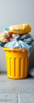 Bundled plastic bags overflowing from a bright yellow garbage can, ||plastic, yellow