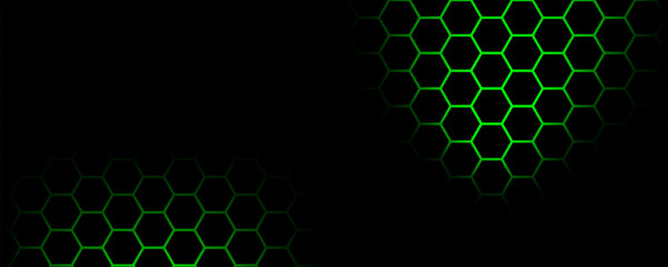 Dark abstract background template with geometric neon green mesh for technology layouts. © Arom