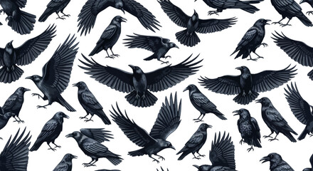 Naklejka premium Black crows, ravens, flying birds, wildlife illustrations, seamless pattern