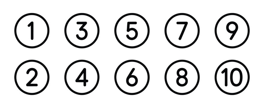 Bullet points icon set in line style featuring simple round numbers from 1 to 10 in flat black design, ideal for lists, navigation, user interfaces, websites, presentations, and infographic layouts.