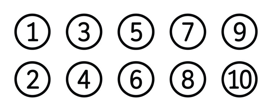 Bullet points icon set in line style featuring simple round numbers from 1 to 10 in flat black design, ideal for lists, navigation, user interfaces, websites, presentations, and infographic layouts.
