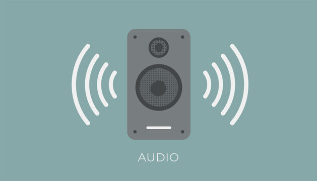 Gray audio speaker icon representing sound output with visual waves on both sides isolated on a soft muted green background for tech.