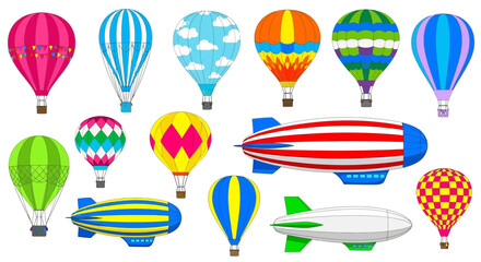 Colorful hot air balloons, zeppelins, and blimps, vector illustrations, 16 icons © imran