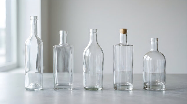 Five empty clear glass bottles with different shapes on a surface