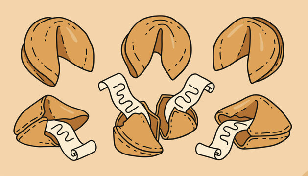 Collection of fortune cookies in various poses, some broken open with paper slips, on a warm beige background for luck and fun designs.