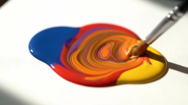 Close-up of vibrant blue red and yellow paint blobs merging together on a white canvas surface in bright lighting with a concept of color mixing and creativity
