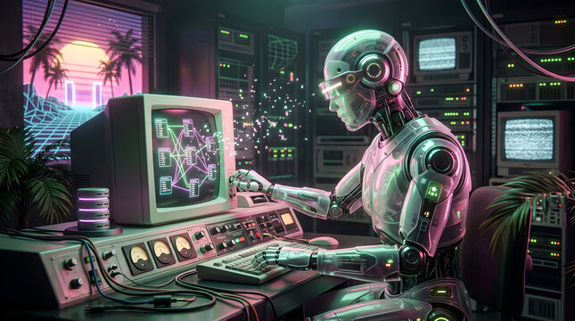 Futuristic robot working on vintage computer in neon glowing server room vaporwave retro style