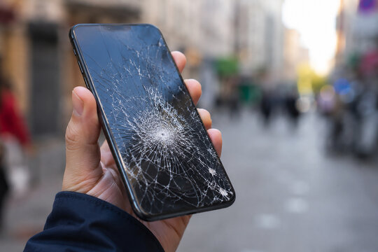 Close up of hand holding smartphone with cracked screen after accidental drop on city street outdoors