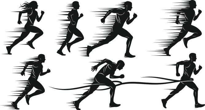 Running athlete silhouettes, sprinter marathon runner with speed motion effects, finish line sport icons, vector illustration