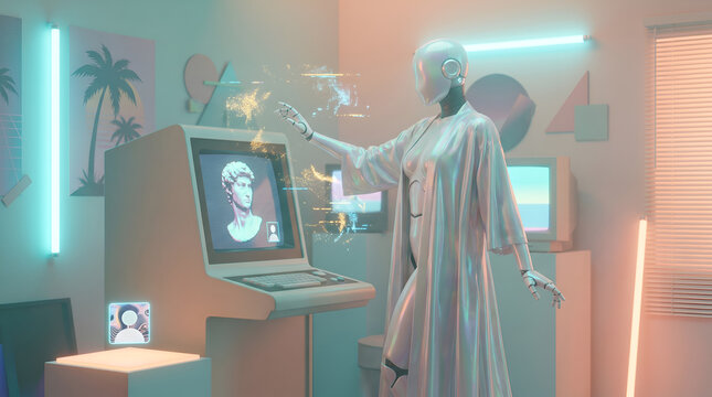 Futuristic humanoid robot interacting with vintage computer terminal in neon pastel room vaporwave retro style