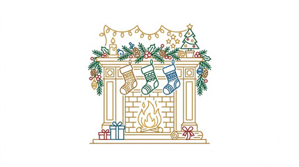 Fototapeta premium Christmas fireplace with stockings and gifts.