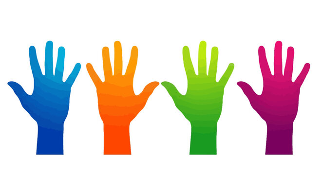Colorful hands, raised hands, rainbow hands, hand icons, vector graphics