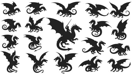 Fototapeta premium Large collection of black dragon silhouettes in various poses and actions representing mythical fantasy creatures for design projects.