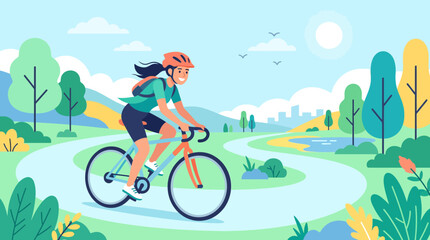 Fototapeta premium Woman Cycling in Scenic Park Landscape with City Skyline Background