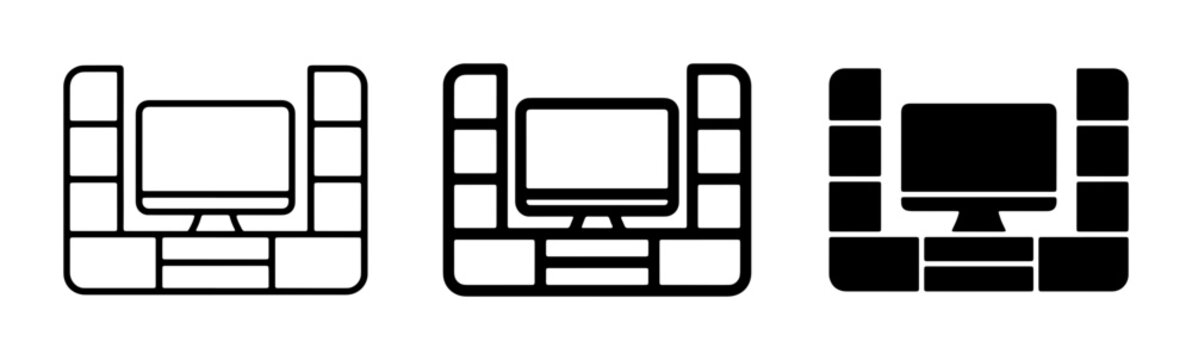 Modern Entertainment Center Icons, TV Stand and Shelving Units, Minimalist Home Media Furniture Vector Graphics