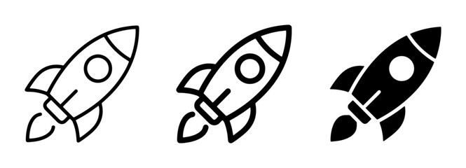 Obraz premium Rocket Ship Icons Set: Simple Line Art and Solid Black Vector Graphics for Space Exploration, Startups, and Innovation Concepts