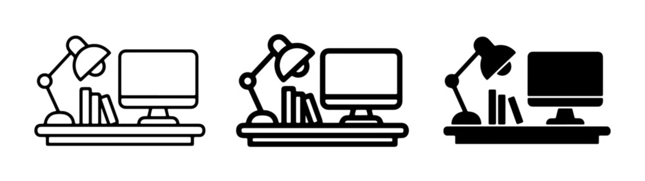 Desk Setup Icons: Computer, Lamp, Books. Vector Graphics for Workspace, Study, and Office Design Elements.
