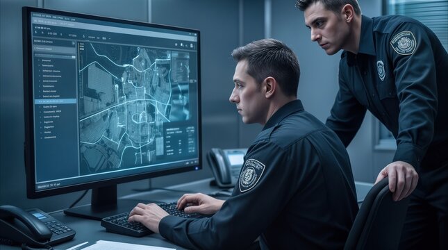 Officers analyzing digital city map on large monitor in modern dispatch center. Law enforcement personnel monitoring urban activity for public safety coordination.