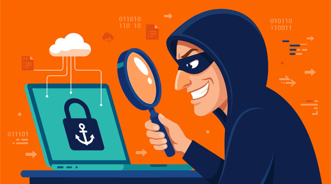 Cybersecurity Hacker Inspecting Laptop Data Theft and Digital Privacy Vector Illustration
