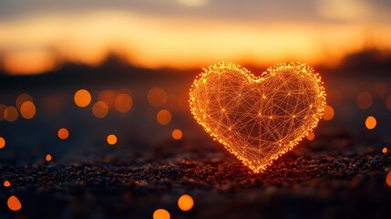 Fototapeta premium Glowing heart shape, network design, sunset backdrop
