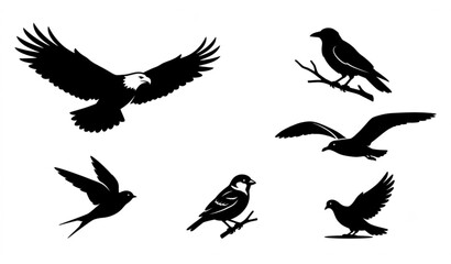 Fototapeta premium Six Black Bird Silhouettes Vector Set with Flying Perched Wildlife Bird Icons Isolated on White