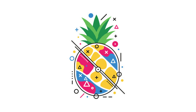 Artistic abstract pineapple clock illustration with colorful segments and geometric elements on white backdrop.