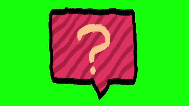 Hand-drawn speech bubble with question mark doodle icon isolated on green screen with rectangular chat bubble inquiry symbol on chroma key background.