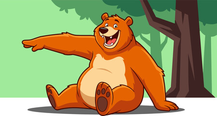 Obraz premium Cute Cartoon Bear Sitting in Forest Pointing Flat Vector Illustration