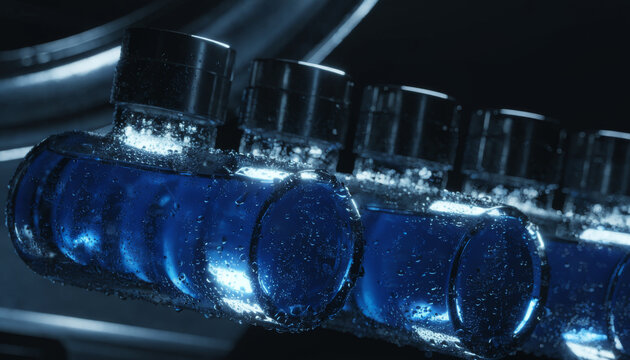Row of Glass Cylindrical Vials with Condensation Drops Containing Glowing Blue Liquid
