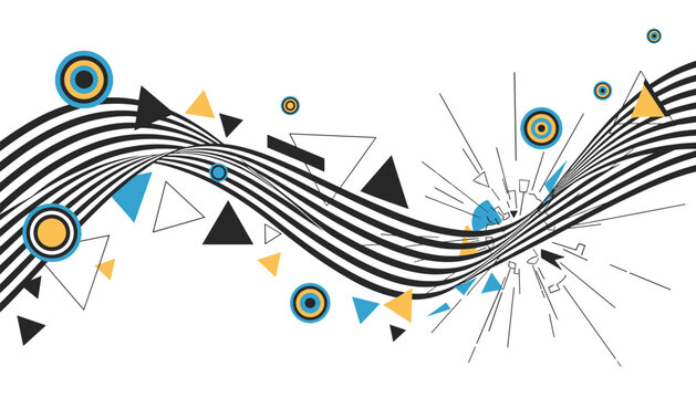 Dynamic abstract background featuring black wavy stripes, orange targets, and chaotic geometric flying fragments.