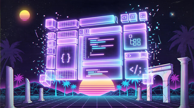 Synthwave Vibe Coding Interface with Holographic Floating Code Blocks on Retro Futuristic Grid Landscape