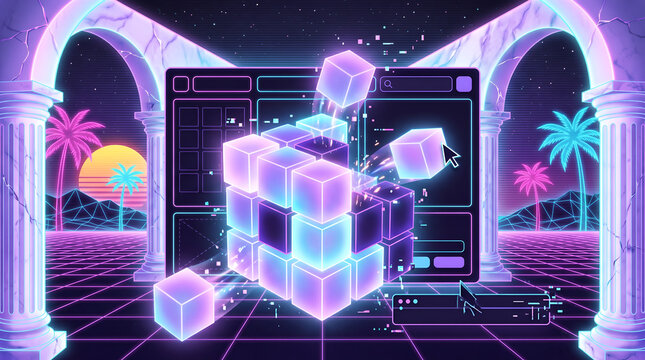Synthwave Vaporwave No-Code AI App Builder Interface with Modular 3D Cubes and Wireframe Dashboard Design