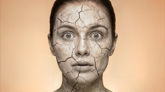 Surprised woman with cracked skin texture on face. Conceptual representation of extreme dehydration and skincare issues.
