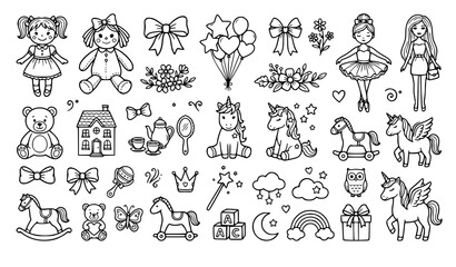 Cute Princess and Magical Unicorn Line Vector Icon Set Featuring Dolls Bows Balloons Castle Magic Wand and Rainbow Elements for Kids Coloring Pages © Hosneara