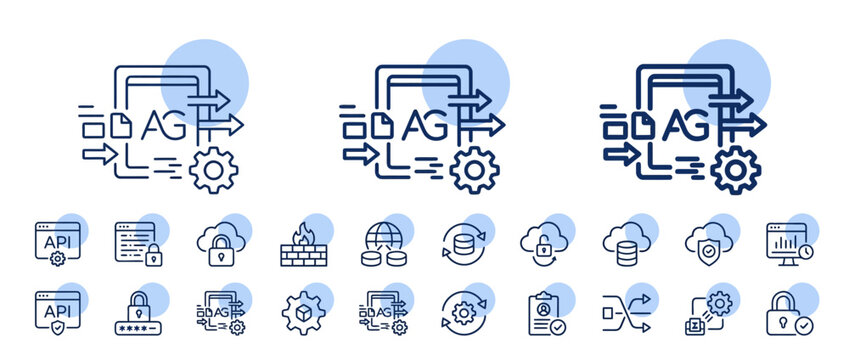 A collection of thin line icons representing software development and data management.