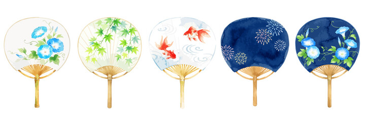 Fototapeta premium うちわのイラストセット,水彩風の団扇と夏の風物詩、朝顔・金魚・青もみじ・花火、和風手描きパーツ素材、暑中見舞い広告素材,ベクター,夏祭り・涼しげなサマーギフトデザイン