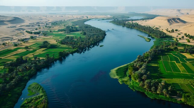Vast blue nile river flows through lush green fertile agricultural fields nestled between dry sandy desert dunes under bright sunlight