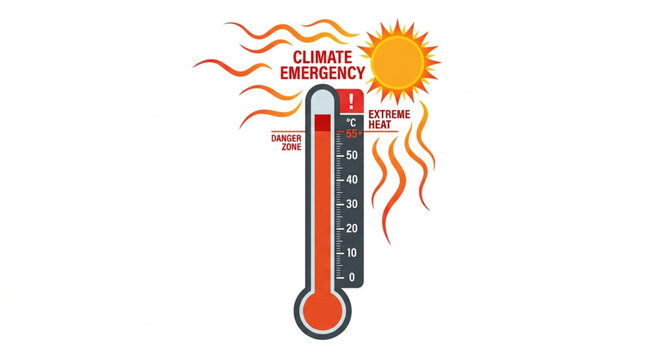 A thermometer graphic displays extreme heat and danger zone levels, indicating a climate emergency under a bright, hot sun with wavy heat lines against a white background