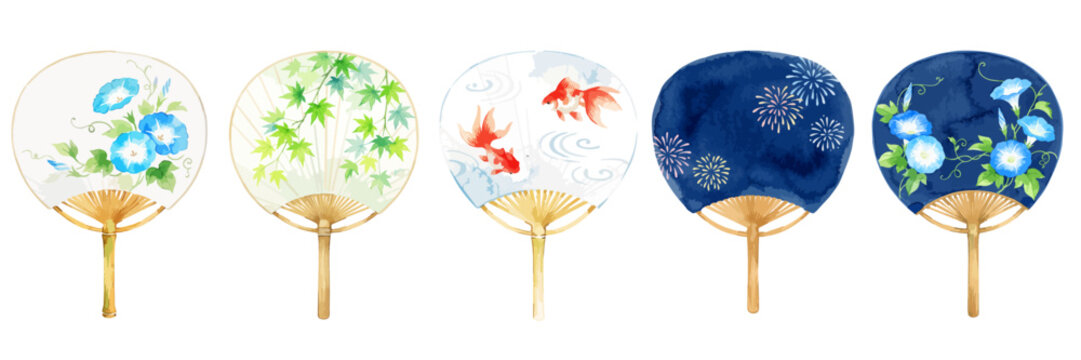 うちわのイラストセット,水彩風の団扇と夏の風物詩、朝顔・金魚・青もみじ・花火、和風手描きパーツ素材、暑中見舞い広告素材,ベクター,夏祭り・涼しげなサマーギフトデザイン