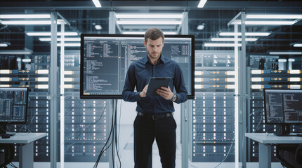 Fototapeta premium IT specialist managing server infrastructure with digital tablet in modern data center. Network administrator monitoring system performance and security protocols in high-tech facility.