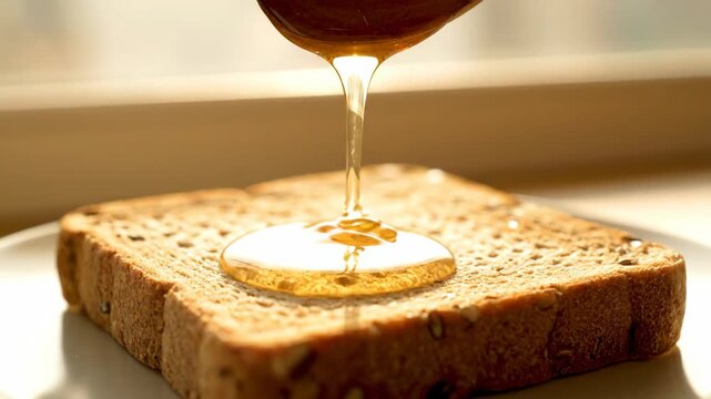 Thick golden honey drizzling from a wooden spoon onto a slice of whole grain bread with seeds displayed in soft morning light creating a healthy breakfast concept
